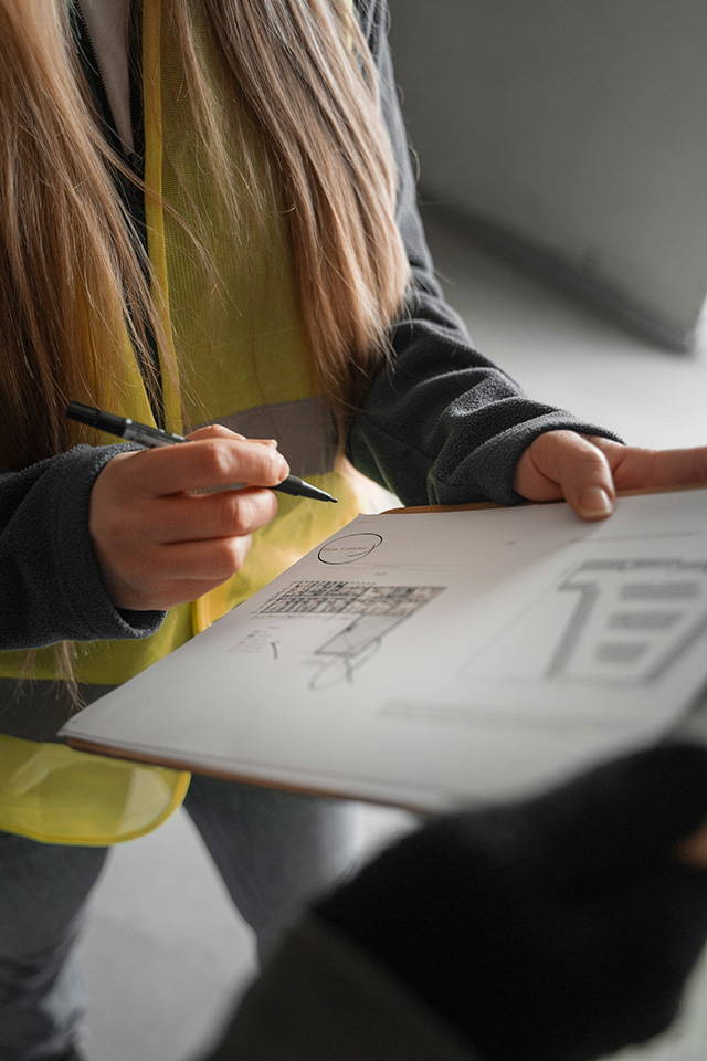 An image of an engineer working on a flooring plan
